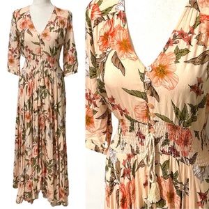 Jaase Indiana Peach Floral Print Button Front Maxi Dress Medium